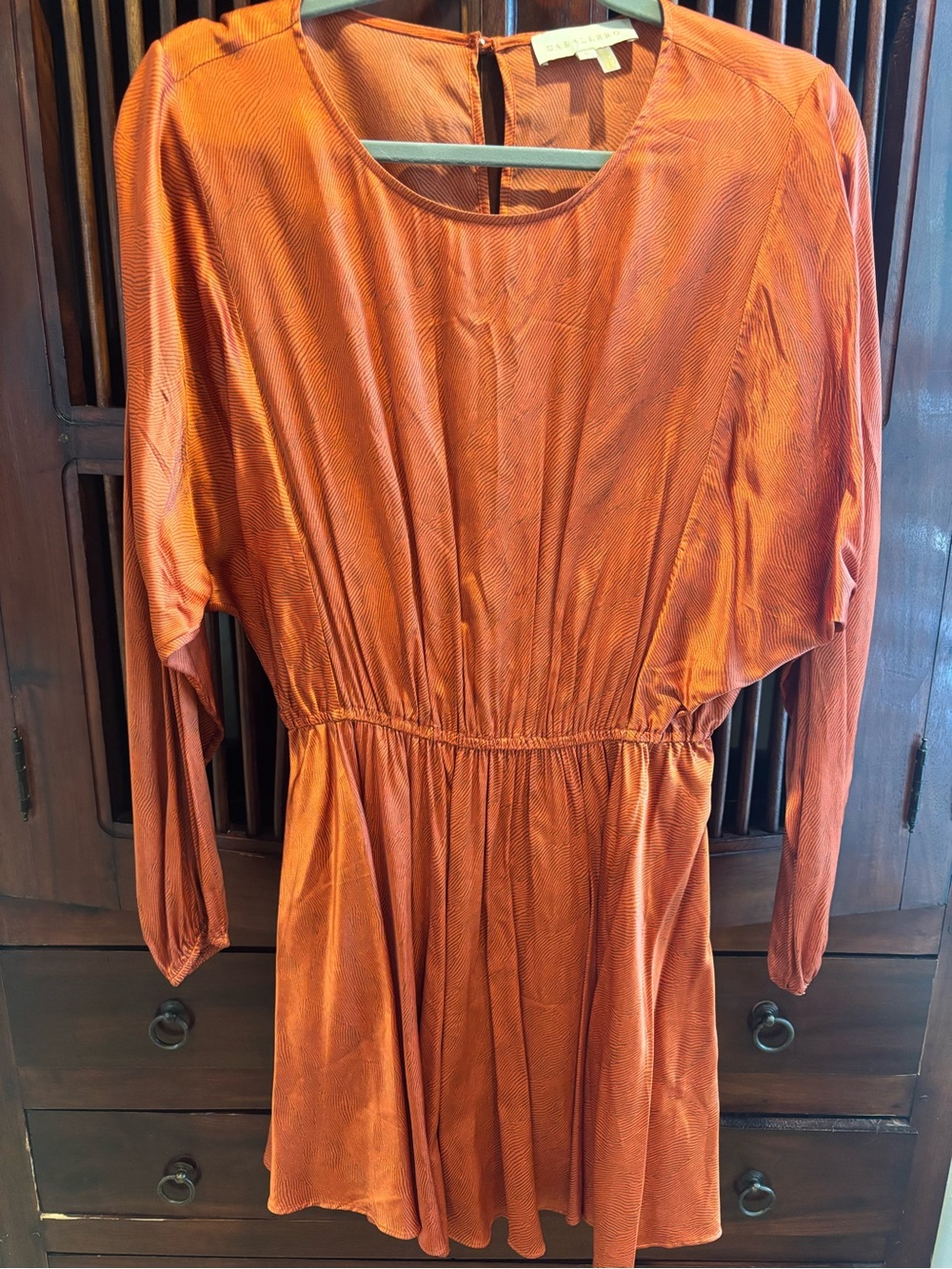 Women's Long Sleeve Rust Orange Gathered-Waist Dress